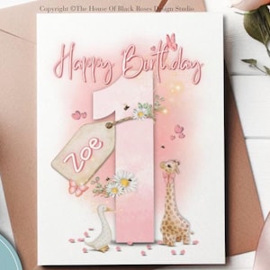 Carte d'anniversaire personnalisée pour bébé de 1 à 6 ans, carte mignonne pour le premier anniversaire, adorable girafe, deuxième anniversaire pour bébé, carte d'anniversaire pour bébé