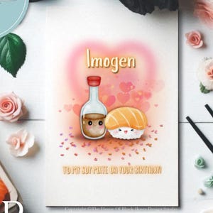 Personnalisée à mon compagnon de soja sur votre carte de voeux d'anniversaire Jolie carte de joyeux anniversaire avec des sushis kawaii