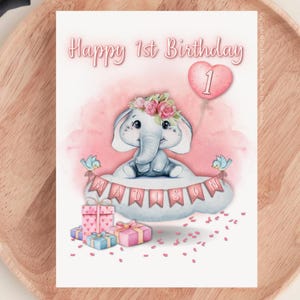 Biglietto di auguri di compleanno personalizzato per qualsiasi età, biglietto carino per bambina, primo compleanno, elefante su una nuvola, adorabile secondo compleanno, biglietto di auguri per neonato