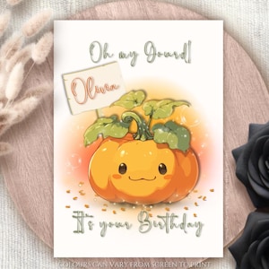 パーソナライズされた「Oh My Gourd It's Your Birthday」カード。愛らしいグリーティングカード。コテージコアの美しいパンプキンヘッド。秋のテーマ。