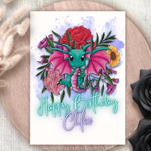 Gepersonaliseerde grillige draak minnaar cadeau fantasie wezen kaart schattige draak verjaardagskaart unieke geïllustreerde wenskaart