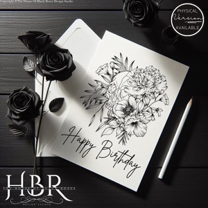 DOWNLOAD DIGITAL Cartão de felicitações assustador Peônia Flor Caveira Feliz Aniversário Flor Caveira Cartão de aniversário Preto e branco para impressão