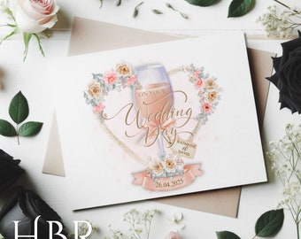 Tarjeta de felicitación personalizada para el día de su boda, tarjeta de recuerdo personalizable, flores, corona de corazón, hojas botánicas, feliz día de la boda