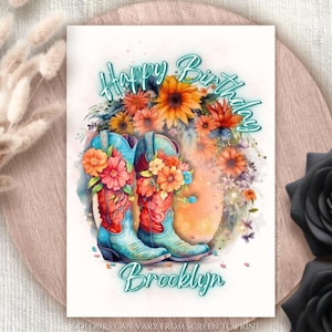 Cartão de aniversário personalizado estilo boho, estilo boho, botas boho, girassóis florais, cartão de felicitações de aniversário para sua irmã e sobrinha