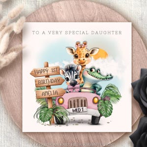 Carte d'anniversaire personnalisée Wild One Jungle voiture tout âge carte d'anniversaire Safari jungle Jeep thème 1er 2e 3e anniversaire animaux du zoo tout âge bébé fille