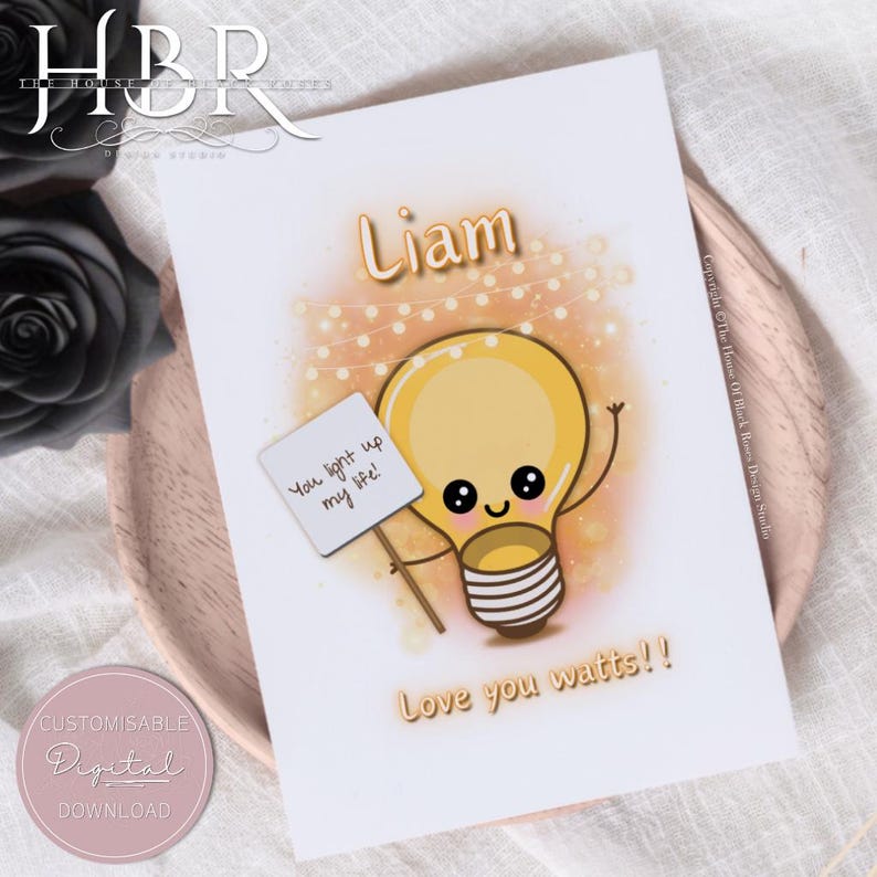 DIGITAL DOWNLOAD Personalised Love You Watts Greeting Card Kawaii ...