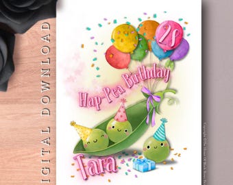 DIGITALER DOWNLOAD Personalisierte Hap-Pea Geburtstag Grußkarte Happy Birthday Pea Wortspiel Niedliche Ha-Pea Geburtstagskarte Kawaii Erbse Geburtstagskarte