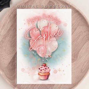 DESCARGA DIGITAL Tarjeta de cumpleaños personalizada con cupcake de fresa Globos de feliz cumpleaños para damas Tarjeta de felicitación linda Tarjeta de cumpleaños femenina