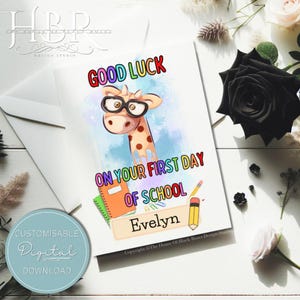 DESCARGA DIGITAL Tarjeta de felicitación personalizada para el primer día de clases. Divertida tarjeta en blanco con animales, hecha a mano. Colorida. Buena suerte para el regreso a clases.