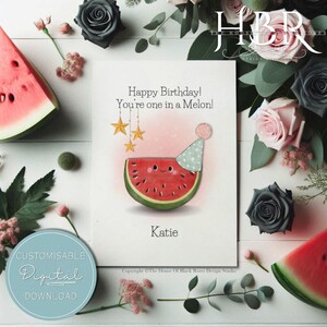 TÉLÉCHARGEMENT NUMÉRIQUE Joyeux anniversaire personnalisé carte de voeux melon carte Punny fruits tropicaux carte imprimable pastèque