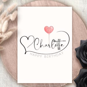 Biglietto di auguri di compleanno personalizzato per qualsiasi età e nome, tipografia con palloncino a cuore e nome, biglietto di auguri di buon compleanno