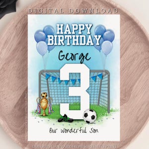 TÉLÉCHARGEMENT NUMÉRIQUE Carte de voeux personnalisée joyeux anniversaire sur le thème du football pour garçons, fan de football, nom de tout âge, carte d'anniversaire personnalisée pour enfant de football