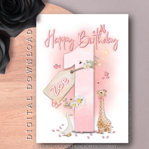 DOWNLOAD DIGITAL Cartão de aniversário personalizado de 1 a 6 anos, cartão fofo para bebê menina, primeiro aniversário, girafa adorável, segundo aniversário, cartão de aniversário infantil