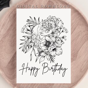 DOWNLOAD DIGITAL Cartão de felicitações assustador Peônia Flor Caveira Feliz Aniversário Cartão de caveira de flor Cartão de aniversário Preto e branco para impressão