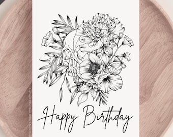 DIGITAL DOWNLOAD Creepy Greeting Card Peony Flower Skull Happy Birthday Flower Skull card Birthday Card Black and White Printable