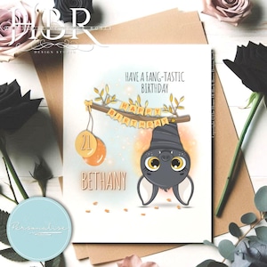 Carte d'anniversaire personnalisée « Have a Fang-Tastic », illustration de chauve-souris mignonne, carte de voeux Halloween Bday octobre, thème automnal