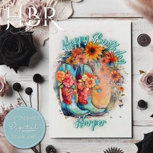 DOWNLOAD DIGITAL Cartão de Feliz Aniversário Personalizado Estilo Boho Aniversário Boho Botas Boho Girassóis Florais Cartão de Aniversário para Ela