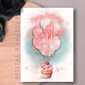 DIGITALER DOWNLOAD Personalisierte Erdbeer Geburtstagskarte Damen Geburtstag Luftballons Niedliche Grußkarte Girlie Geburtstagskarte