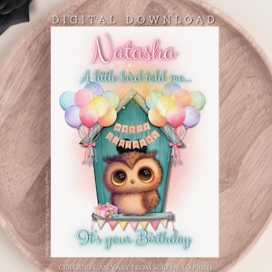 DOWNLOAD DIGITAL Cartão de felicitações personalizado "Um passarinho me disse que é seu aniversário", cartão de aniversário de coruja bebê, cartão com sentimento fofo e caprichoso