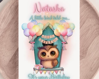 DOWNLOAD DIGITALE Biglietto d'auguri personalizzato "Un uccellino mi ha detto che è il tuo compleanno" Biglietto d'auguri con gufo, simpatico biglietto con sentimento stravagante
