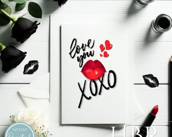 Love You Lippen Grußkarte Liebeskarte für Jahrestag Geburtstag Valentines I Love You Umarmungen und Küsse Digital Download Sofort-Download