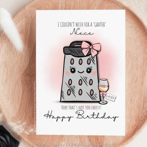 Tarjeta de cumpleaños personalizada con un juego de palabras con el texto "No podría desear un rallador de queso", linda y divertida tarjeta de felicitación kawaii, broma sobre queso