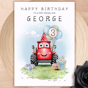 Tarjeta de cumpleaños personalizada con tractor rojo para niños, tarjeta de felicitación de granja para hijo, sobrino, nieto, amigo, tarjeta de cumpleaños divertida para niños en la granja