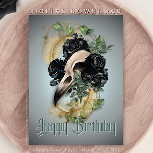 DOWNLOAD DIGITAL Cartão de aniversário alternativo com caveira de pássaro, corvo gótico, cartão de felicitações exclusivo, corvo escuro e temperamental, cartão estético