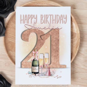Tarjeta de felicitación de cumpleaños personalizada con números brillantes en oro rosa, copas de champán, linda niña, cumpleaños número 21, hitos de cumpleaños