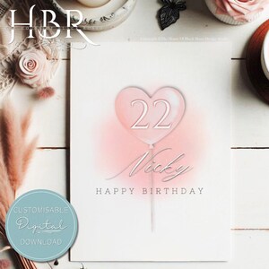 DOWNLOAD DIGITAL Nome personalizado Balão de aniversário rosa Cartão Senhoras Feliz aniversário Simples Cartão de felicitações bonito Cartão de aniversário feminino feminino