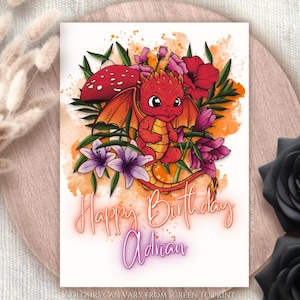 Carte d'anniversaire personnalisée avec dragon mignon, carte de voeux illustrée unique, cadeau fantaisiste pour amoureux de dragon, carte de créature fantastique
