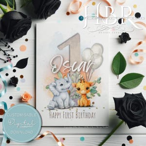 TÉLÉCHARGEMENT NUMÉRIQUE Personnalisée 1er anniversaire carte de voeux animaux de safari bébé éléphant girafe fils premier anniversaire carte spécial neveu