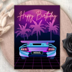 Carte de voeux personnalisée néon pour voiture de sport des années 80, carte d'anniversaire esthétique faite main cyberpunk des années 90