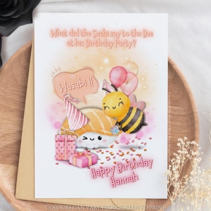 Gepersonaliseerde grappige Wasabi-verjaardagskaart Leuke sushi kawaii-wenskaart voor haar Girlie Bee-verjaardagskaart