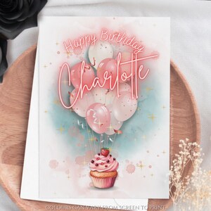 Personalisierte Erdbeer Cupcake Geburtstagskarte Damen Geburtstagskarte Alles Gute zum Geburtstag Luftballons Niedliche Grußkarte Girlie Weibliche Geburtstagskarte