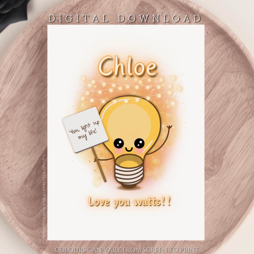 DIGITAL DOWNLOAD Personalised Love You Watts Greeting Card Kawaii ...