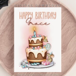 TÉLÉCHARGEMENT NUMÉRIQUE Souris fantaisistes personnalisées sur un gâteau d'anniversaire Carte de voeux Joyeux anniversaire Petite carte de souris mignonne Anniversaire Girlie Mouse