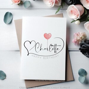 Personalisierte Geburtstagskarte für jedes Alter, Name, Herz-Ballon-Typografie Name Geburtstag, alles Gute zum Geburtstag Grußkarte