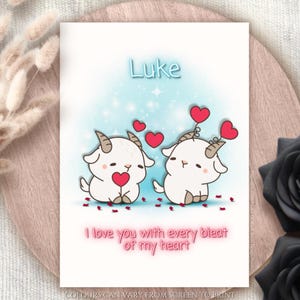 Carte de voeux personnalisée d'anniversaire de chèvre mignonne, carte de Saint-Valentin sur le thème de la ferme, carte d'anniversaire de chèvre Kawaii, je t'aime