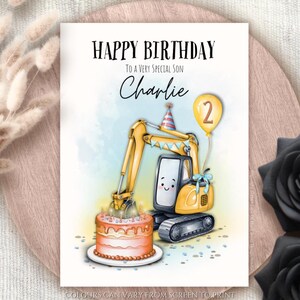 Cartão de aniversário personalizado para meninos Yellow Digger Cartão de felicitações de construção para filho, sobrinho, neto, amigo, construtor, cartão de aniversário infantil divertido