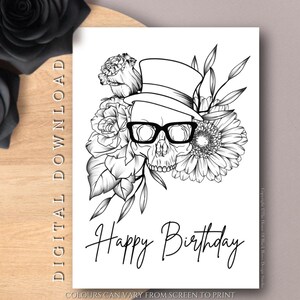 DESCARGA DIGITAL Tarjeta de cumpleaños minimalista con calavera Feliz cumpleaños, Calavera hipster, Tarjeta única, Descarga instantánea, Tarjeta de cumpleaños, Blanco y negro
