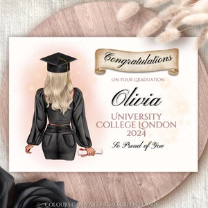Carte de voeux personnalisable pour l'obtention du diplôme universitaire pour elle Félicitations pour l'obtention de votre chapeau et faites défiler n'importe quel nom 2024