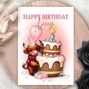 Biglietto di auguri di compleanno personalizzato con mucca delle Highlands Biglietto di compleanno personalizzato con mucca delle Highlands Biglietto di compleanno scozzese con mucca delle Highlands per bambini