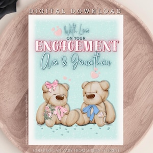DIGITAL DOWNLOAD Personalised With Love on your Engagement Card, Congratulations On Your Engagement, Happy Engagement Card Cute Bear Couple