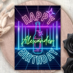 Gepersonaliseerde 80's neon bierfles wenskaart jaren 90 esthetische cyberpunk handgemaakte verjaardagskaart TL-licht naamborden sentimentkaart