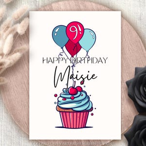 Personalisierte Geburtstagskarte Cartoon Cupcake und Luftballons Grußkarte Jedes Alter Jeder Name Geschenk für Sie