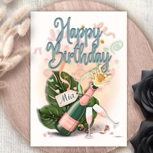 Carte de voeux tropicale personnalisée de joyeux anniversaire, carte d'anniversaire Girlie rose champagne pour elle, jolie carte de visite personnalisée
