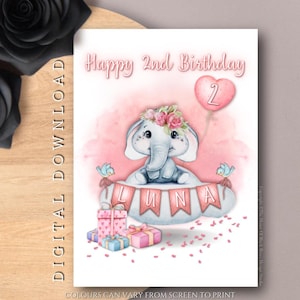 DOWNLOAD DIGITALE Biglietto di auguri di compleanno personalizzato per qualsiasi età, biglietto carino per bambina, primo compleanno, elefante su una nuvola, adorabile biglietto di compleanno per neonato