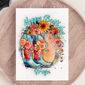 DESCARGA DIGITAL Tarjeta de feliz cumpleaños personalizada Estilo bohemio Cumpleaños Boho Botas bohemias Girasoles florales Tarjeta de felicitación de cumpleaños para ella