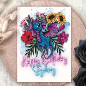 Biglietto d'auguri illustrato personalizzato con drago, biglietto di auguri unico e stravagante con creatura fantasy e drago, regalo per gli amanti dei draghi.